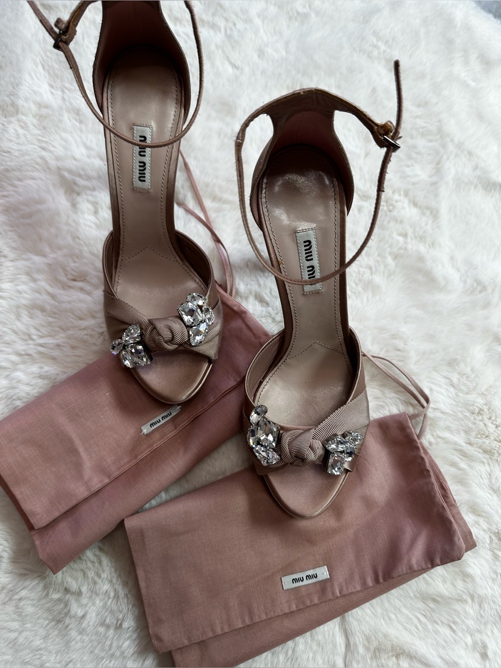 Miu Miu Tan-nude dusty  pink Satin Heels with Crystal Accents-brand new